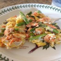 Scrambled Eggs With Smoked Salmon, Asparagus and Feta Cheese image