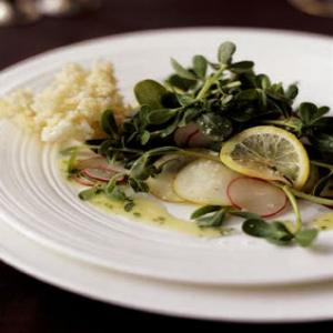 Purslane, Meyer Lemon, and Pear Salad With Makrut Lime Vinaigrette_image