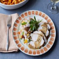 Roasted, Brined Turkey Breast with Maple-Worcestershire Gravy and Fruit and Nut Rice Pilaf_image