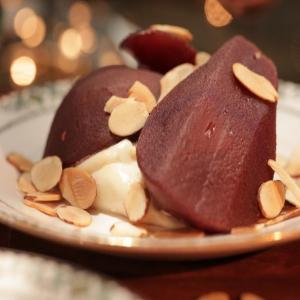 Mulled Wine Poached Pears with Toasted Almonds image