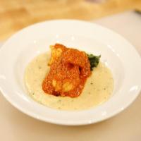 Pan-Seared Shrimp with Romesco Sauce, Creamy Grits, and Greens_image