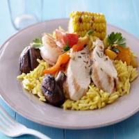 Grilled Meats and Vegetables over Saffron Orzo image