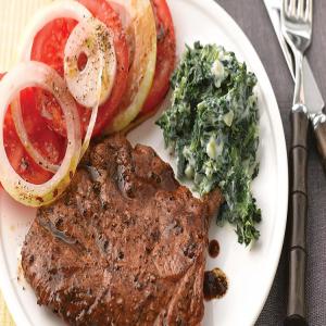 Seared Steaks with Tomato Salad and Creamy Spinach_image