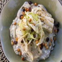 Olive Oil Poached Cod with Charred Onion Yogurt and Fennel Salad image