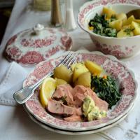 Foil-Poached Salmon with Herb Mayonnaise, Spring Greens and New Potatoes_image