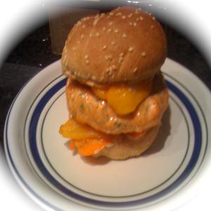 Salmon Burger With Roasted Sweet Peppers and Lemon Aioli Sauce. image