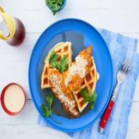 Cheddar Chicken and Waffles with White BBQ Sauce and Hot Maple Syrup_image