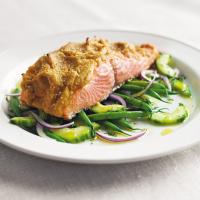 Hummus-Crusted Alaskan Wild King Salmon Over a Bed of French Beans, Red Onion, and Cucumber Salad with Lemon Oil image