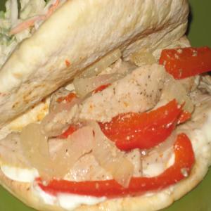 Peppered Pork Pitas With Garlic Spread image