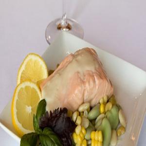 Poached Salmon with Basil Butter and Succotash image