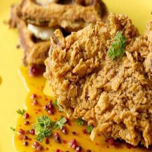 Bobby Flay's Fried Chicken and Wild Rice Waffles With Pink Peppercorn Butter & Maple-Horseradish Syrup_image
