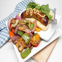 Grilled Boudin with Onions, Peppers, and Mushrooms image