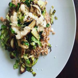 Sesame Rice with Warm Brussels Sprout-Shiitake Slaw and Smoky Tahini Dressing_image