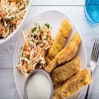 Old Bay-Spiced Fish Sticks with Creamy Celery Root and Carrot Slaw image