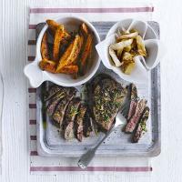 Chimichurri steaks with sweet potato fries & onion rings image