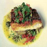 Crisp Red Snapper with Ragout of Potatoes, Onions, Artichokes, and Green Olives with Sauce Vierge image