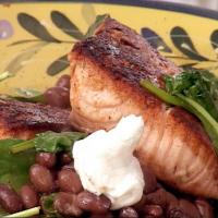 Blackened Salmon with Spinach and Soy Black Beans (Five-minute meal in a pan!) image