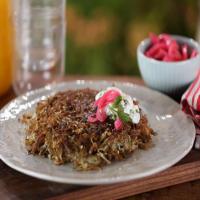 Everything Hash Brown Cake with Pickled Red Onions and Green Onion Creme Fraiche_image