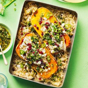 Roasted stuffed squash with herby pistachio salsa_image