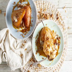 Chai-Poached Pears with Spicy Orange Sauce and Homemade Granola image