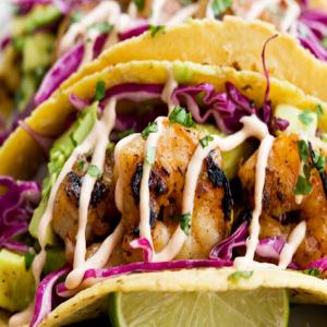 Honey Lime Tequila Shrimp Tacos with Avocado, Purple Slaw and Chipotle Crema_image