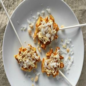 Mini Waffle Pops with White Chocolate, Coconut, and Candied Ginger_image