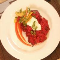 Beet and Red Onion Potato Latkes with Carrot Puree and Horseradish and Caraway Creme Fraiche_image