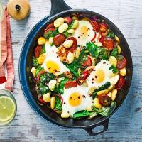 Butter bean, chorizo & spinach baked eggs image