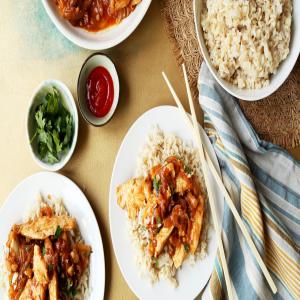 Sriracha-Glazed Chicken and Onions over Long-Grain Rice image