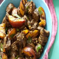 Grilled Lamb Kebabs With Smoky Peaches image