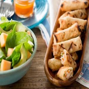 Grilled Shrimp Spring Rolls with a Sweet Melon, Avocado and Spinach Salad_image