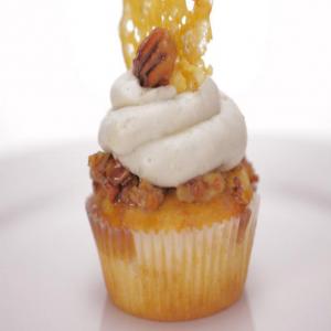 Sharp Cheddar Cupcakes with Candied Pecan Topping and Honey Blue Cheese Frosting image