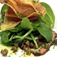 Beef Carpaccio With Potato Chips, Fried Capers and Lemon Aioli_image