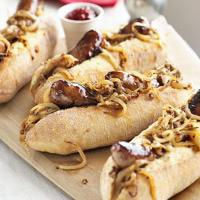 Maple-glazed hot dogs with mustardy onions image