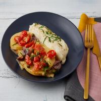 Roasted Halibut over Braised Potatoes, Tomatoes and Olives_image