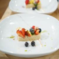 Vanilla-Brown Butter Cake with Spring Fruit and Berry Compote, Mint Oil and Toasted Marshmallow Sauce_image