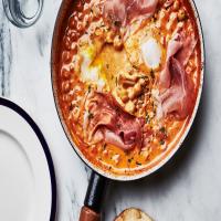 Spicy Creamy Chickpeas with Runny Eggs and Prosciutto image