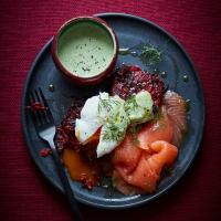 Beetroot rosti with green yogurt & smoked salmon image