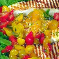 Grilled Halibut Steaks on a Bed of Arugula with Tomato Salad and Gremolata_image