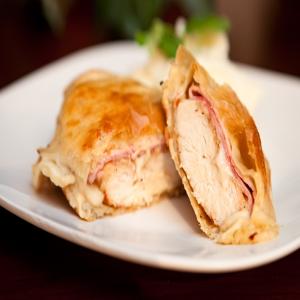 Chicken, Ham and Swiss Cheese Baked in Puff Pastry image