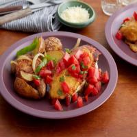 Parmesan Crusted Chicken Breasts with Tomato and Basil and Potatoes with Peppers and Onions_image