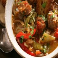 Chorizo With Sweet Pepper And Onion Stew And Fried Croutons image