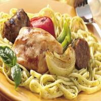 Grilled Chicken, Sausage, Onions and Peppers over Linguine_image