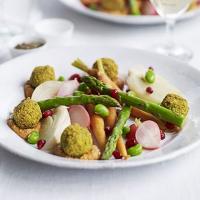 Falafels with spicy tomato & cashew sauce & poached spring vegetables_image