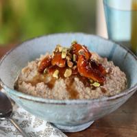 Lightly Toasted Overnight Steel-Cut Oatmeal with Honey-Roasted Apricots and Pistachios image