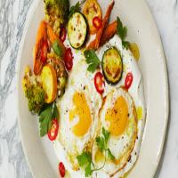 Breakfast Bowl with Fried Eggs, Yogurt, and Vegetables_image
