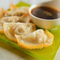 Pan-Fried Chicken Dumplings with Sweet and Spicy Dipping Sauce_image