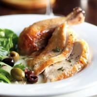 Roast Chicken with Mustard-Thyme Sauce and Green Salad with Olives_image