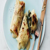 Spinach-Artichoke Cannelloni Crepes with Mustardy Cheese Sauce image