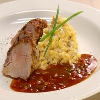 Tenderloin of Pork Hongroise with Crab Risotto and Tri-Pepper Sauce_image